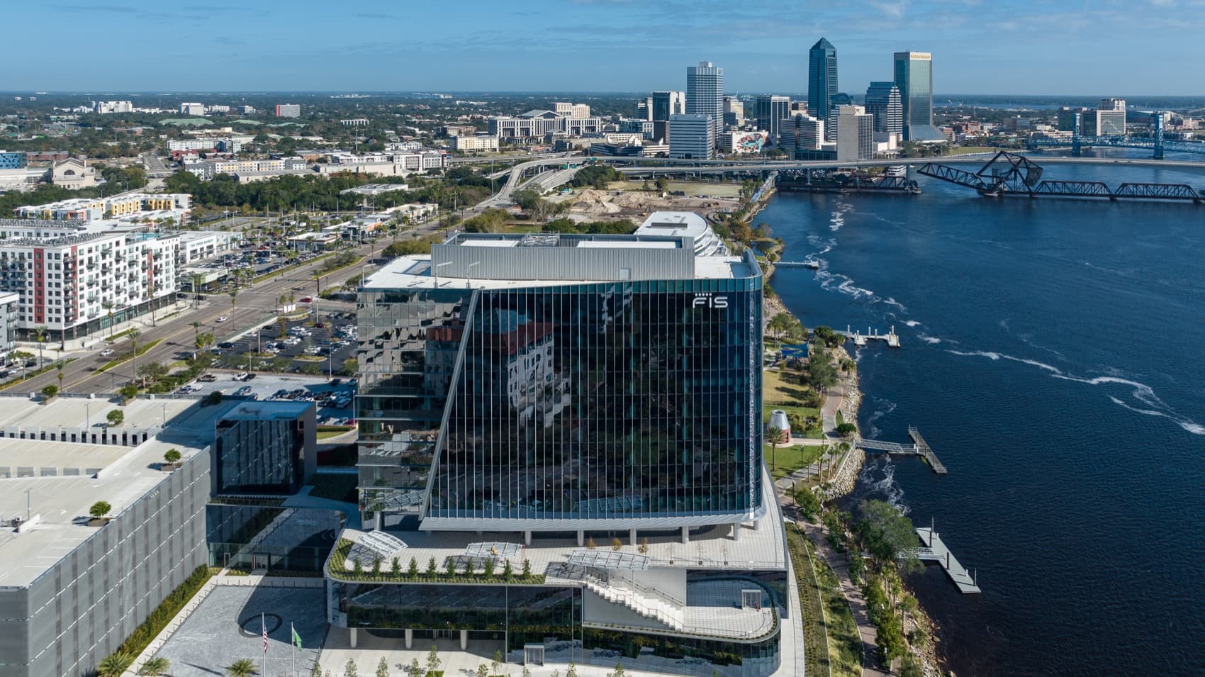 FIS World Headquarters — riverfront elevation above the St. Johns River, downtown Jacksonville beyond