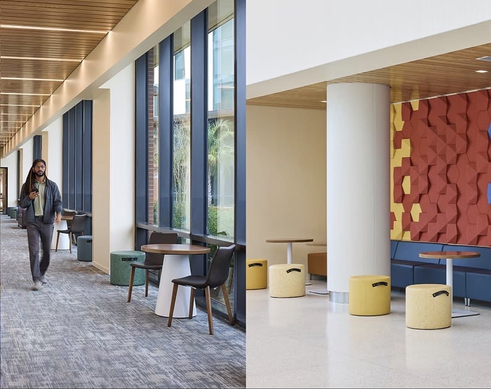 UF Honors Village — circulation lounge and cafe seating with an acoustic feature wall