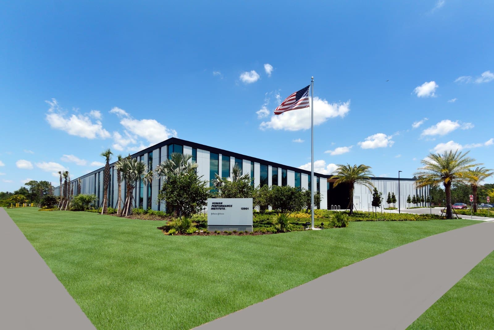 Johnson & Johnson HPI — northwest exterior with entry plaza, Lake Nona